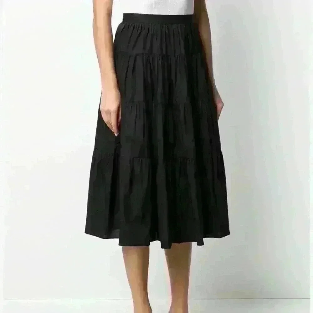 Burberry Black cotton Gathered Tiered Knee-Length Wrap Skirt sz 42